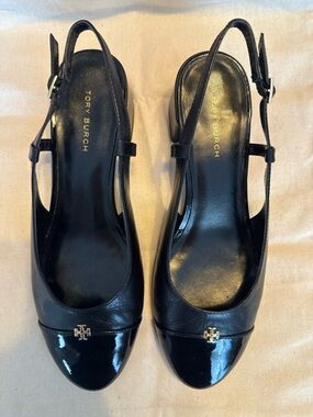 Tory Burch Black Leather & Patent Slingback Mules